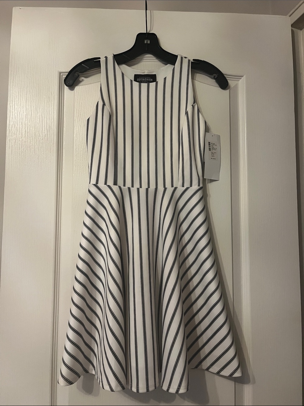 Un Deux Trois White and Black Striped Sleeveless Fit & Flare Dress